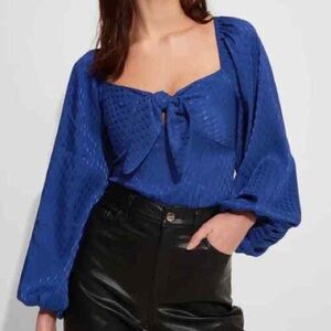 Express Satin Jacquard Bodysuit Silky Balloon Sleeve Royal Blue